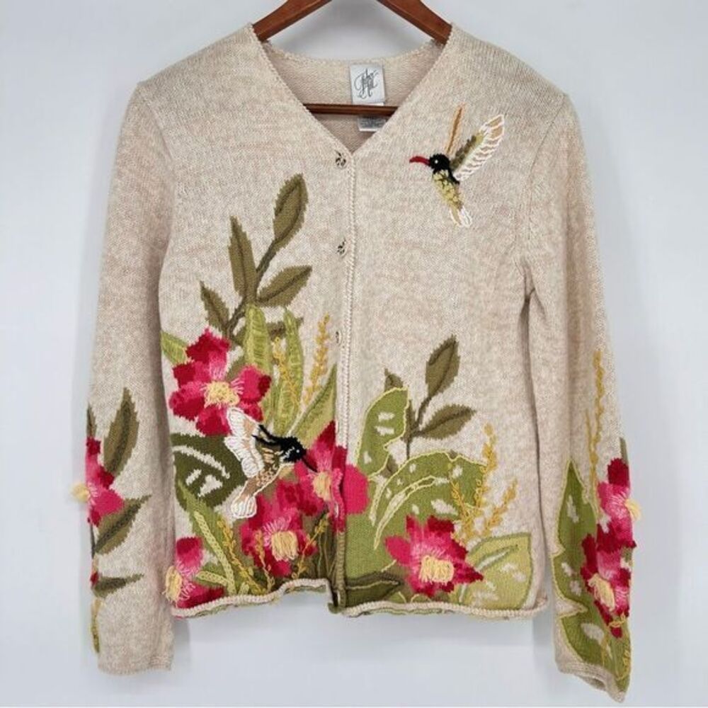 Hummingbird and Flower Button Down Cardigan Sweater Button Front Floral‎ Small
